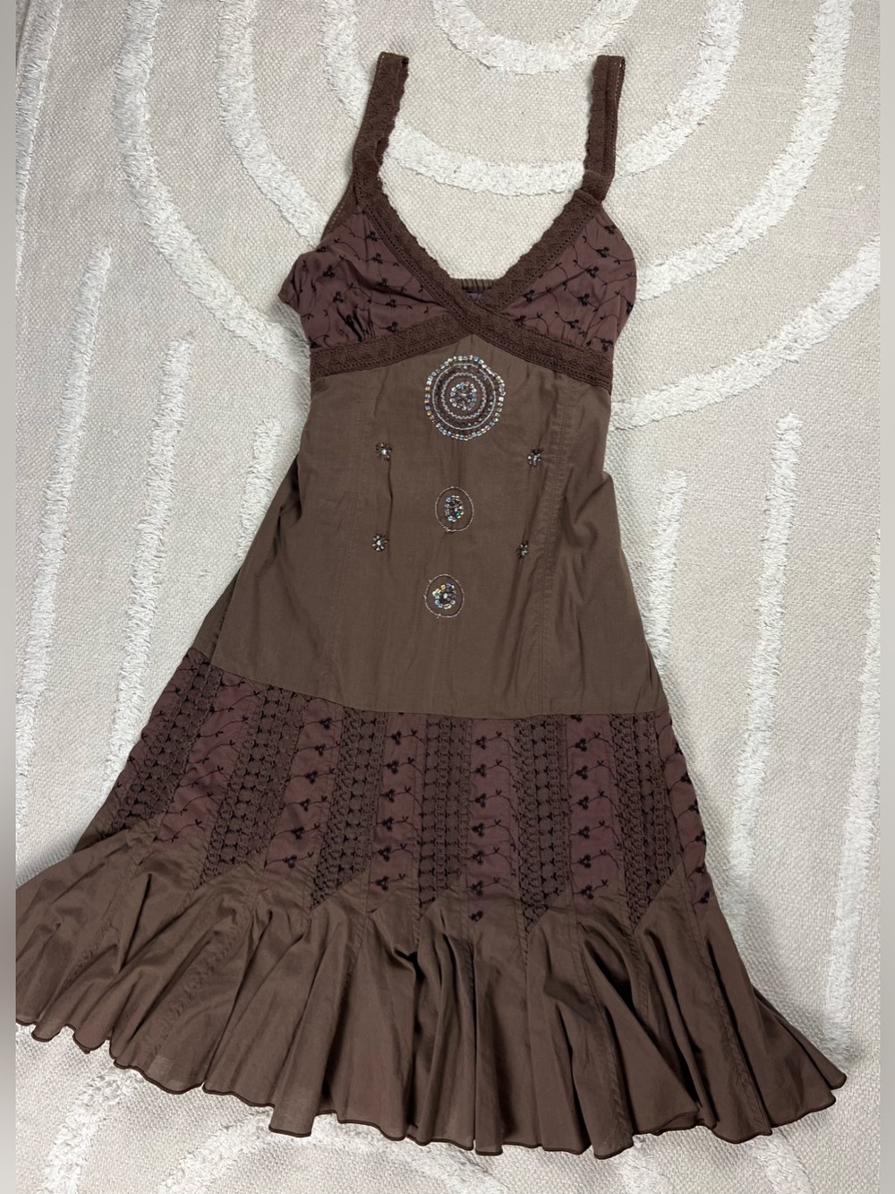 Vintage Promod Y2K Fairycore Whimsigoth Beaded Mini Dress - Chocolate Brown- S/M